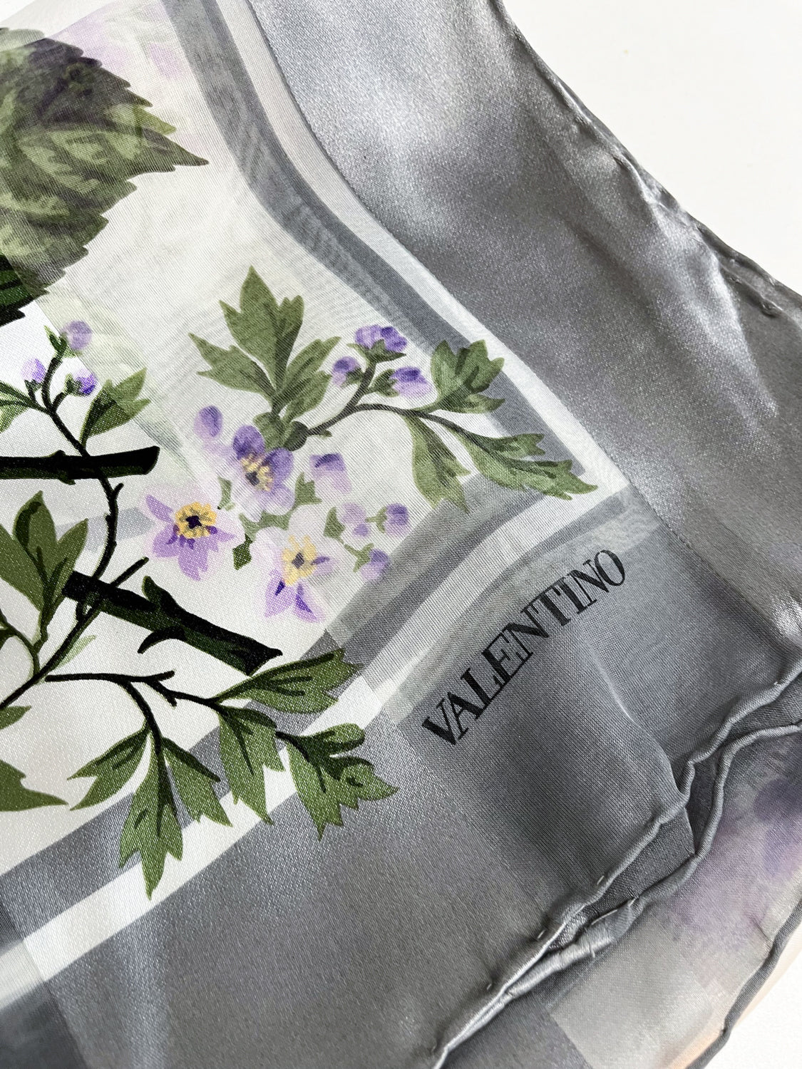 1980s Vintage Valentino Semi-Sheer Silk Purple Roses Floral Scarf
