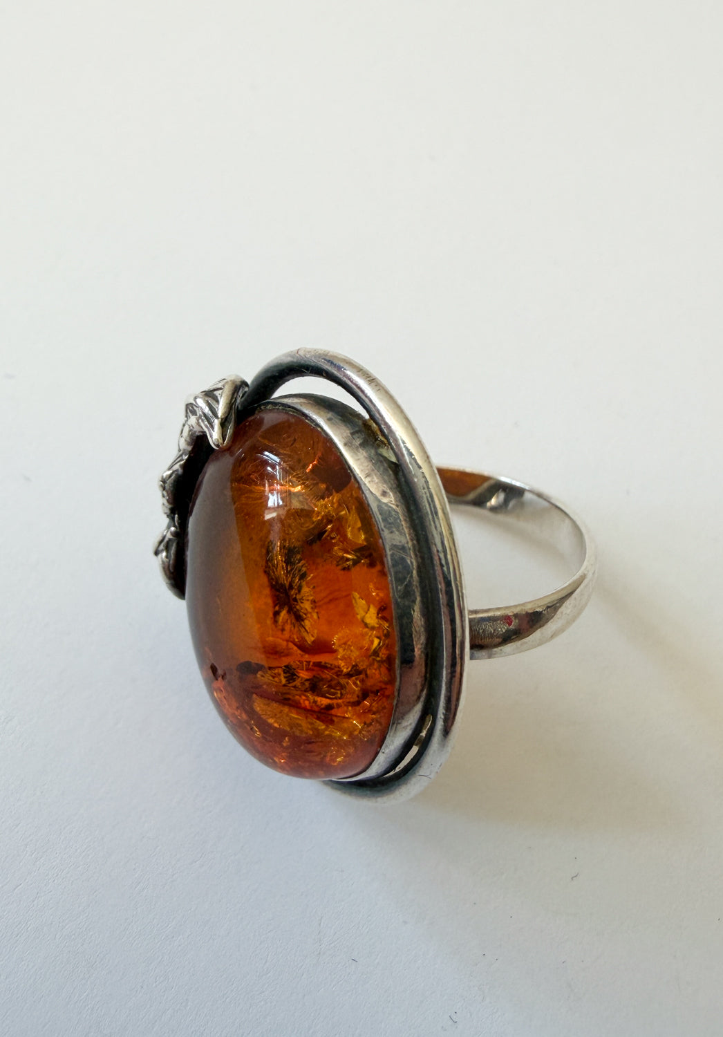 1990s Vintage Amber Sterling Silver Leaves Ring
