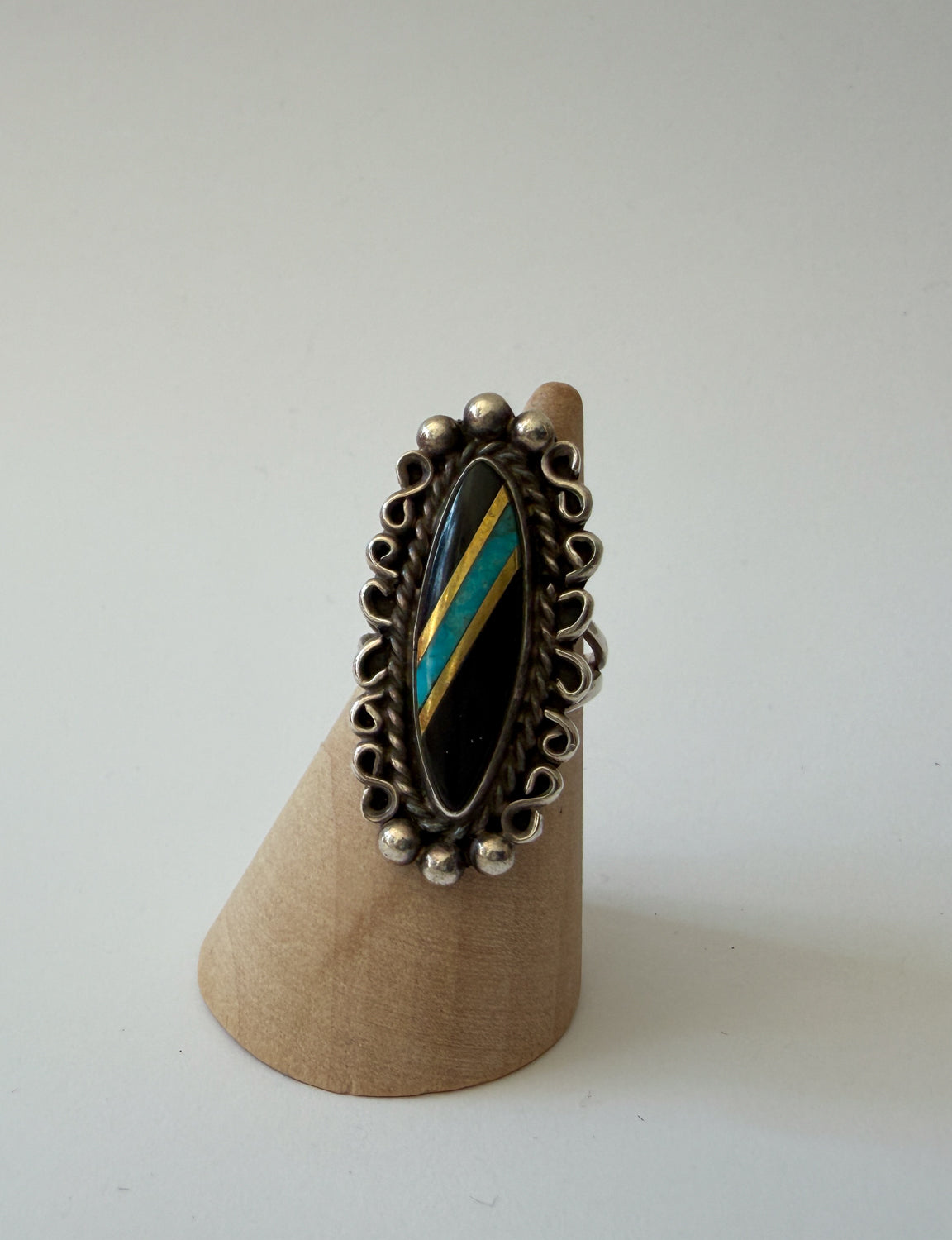 1990s Vintage Sterling Silver Onyx and Crushed Turquoise Ring