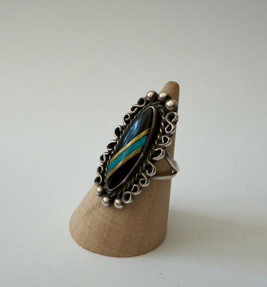 1990s Vintage Sterling Silver Onyx and Crushed Turquoise Ring