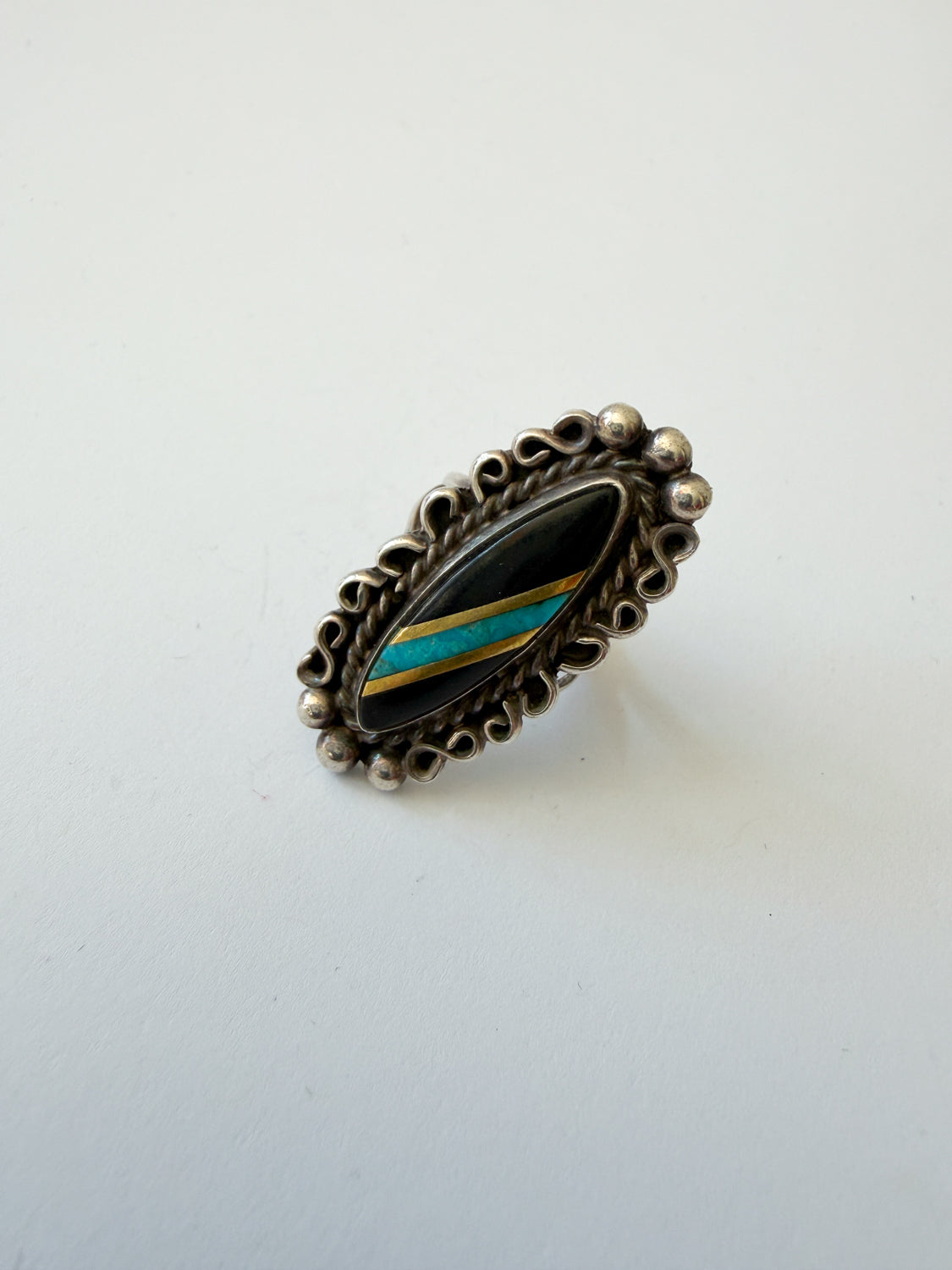 1990s Vintage Sterling Silver Onyx and Crushed Turquoise Ring