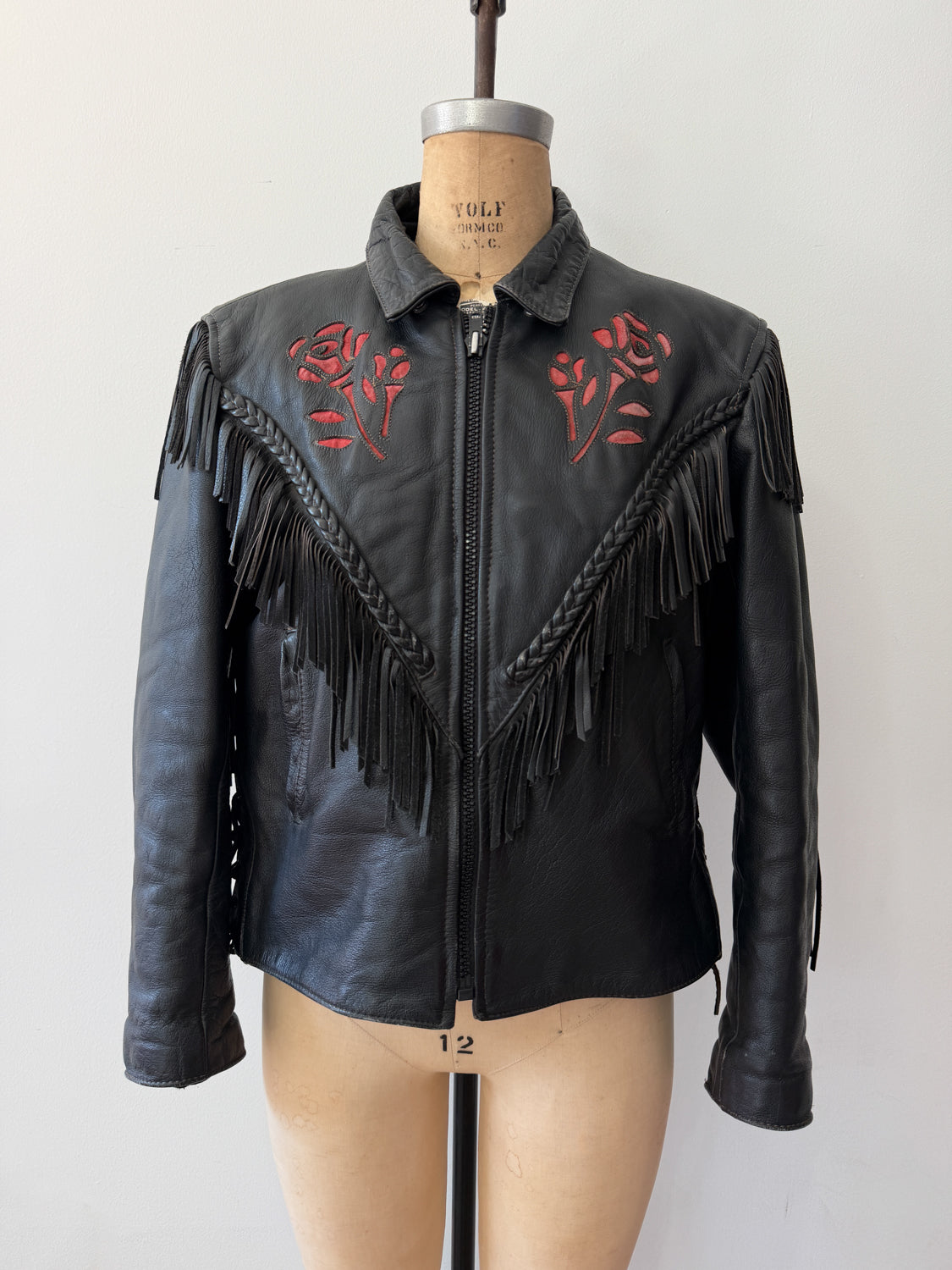 1980s Red Rose Black Fringed Leather Jacket by Dakota Joe