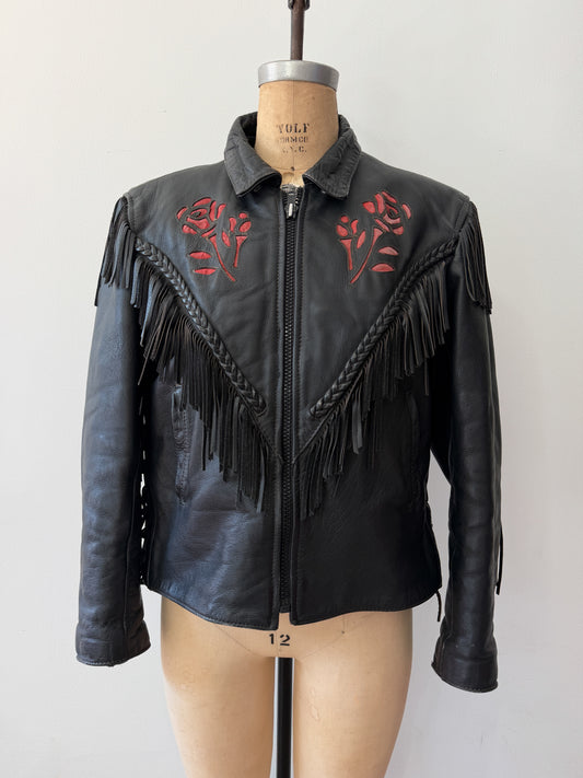 1980s Red Rose Black Fringed Leather Jacket by Dakota Joe