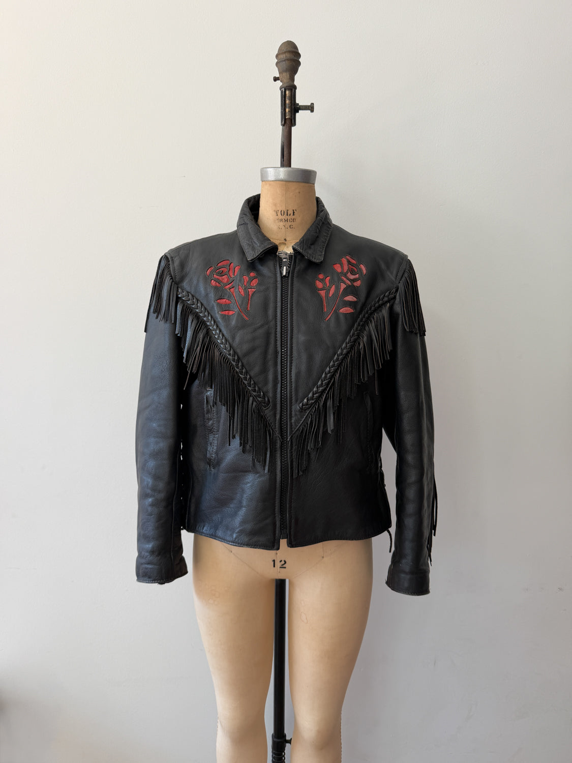 1980s Red Rose Black Fringed Leather Jacket by Dakota Joe