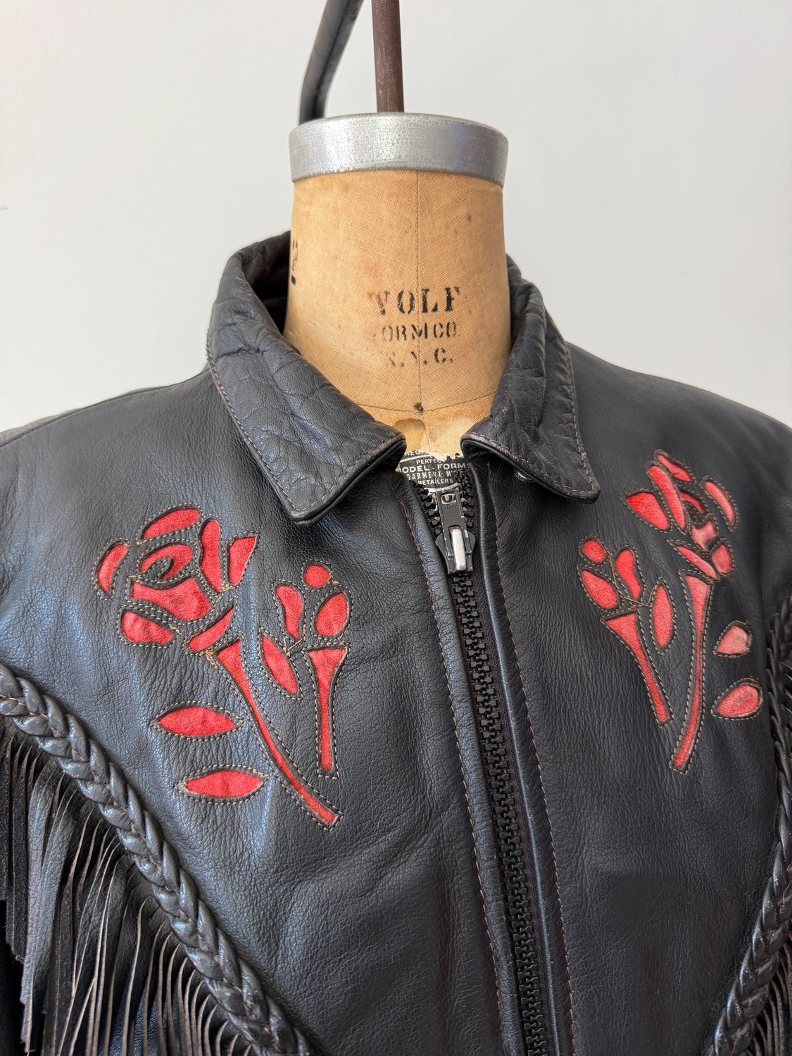 1980s Red Rose Black Fringed Leather Jacket by Dakota Joe
