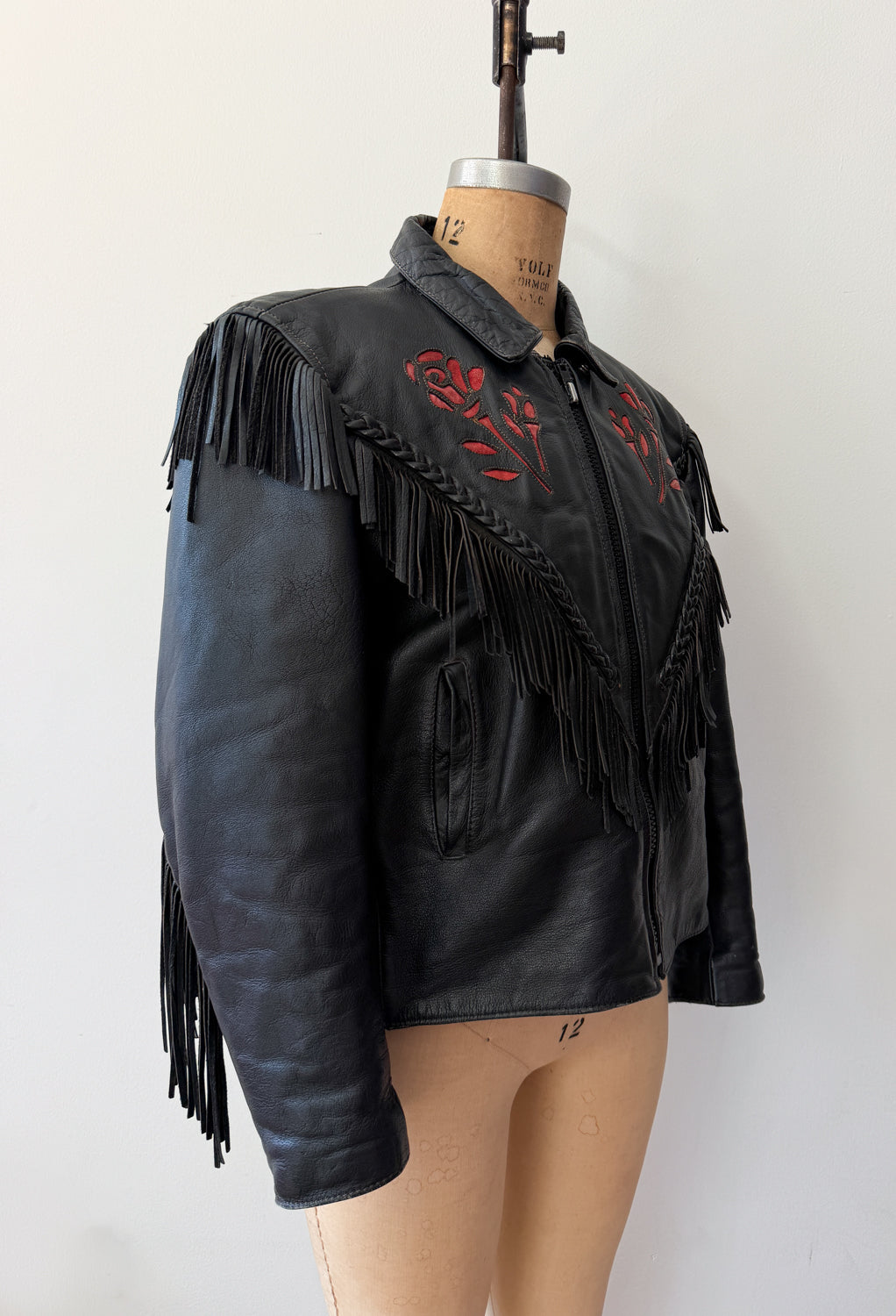1980s Red Rose Black Fringed Leather Jacket by Dakota Joe