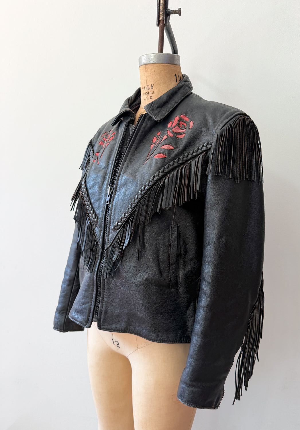 1980s Red Rose Black Fringed Leather Jacket by Dakota Joe