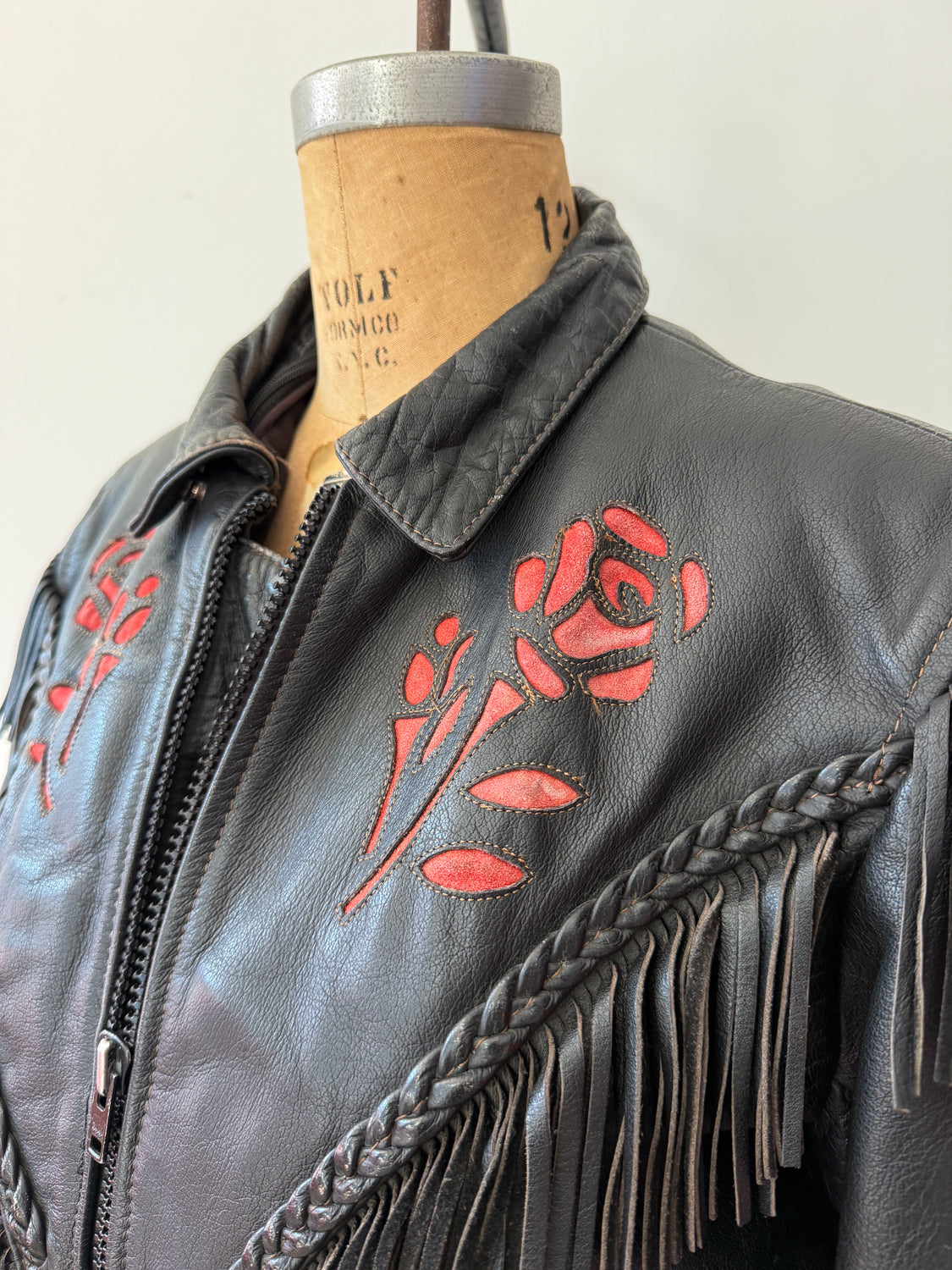 1980s Red Rose Black Fringed Leather Jacket by Dakota Joe