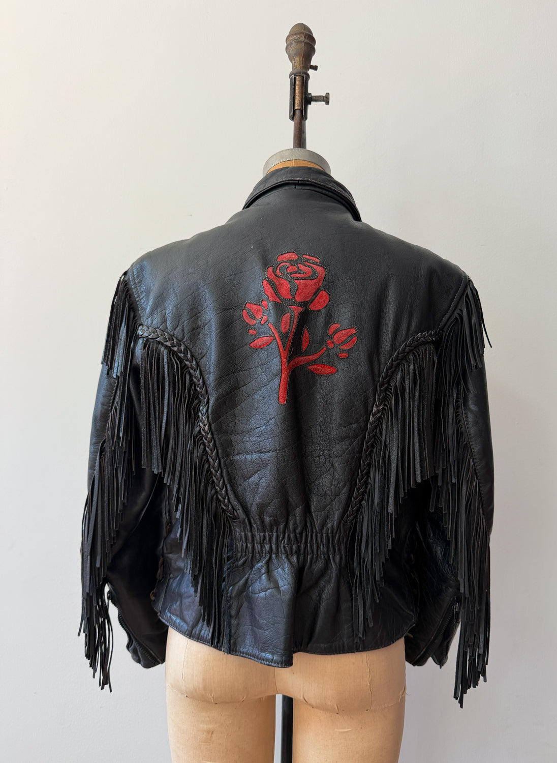 1980s Red Rose Black Fringed Leather Jacket by Dakota Joe