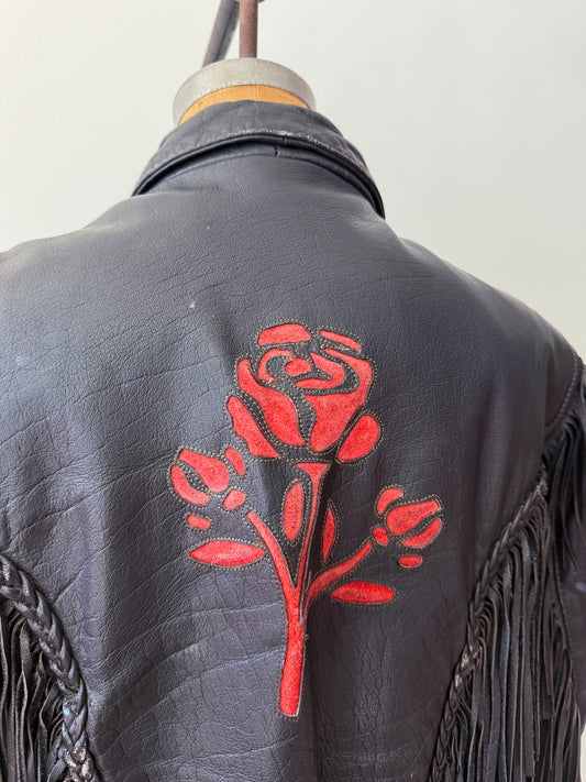 1980s Red Rose Black Fringed Leather Jacket by Dakota Joe