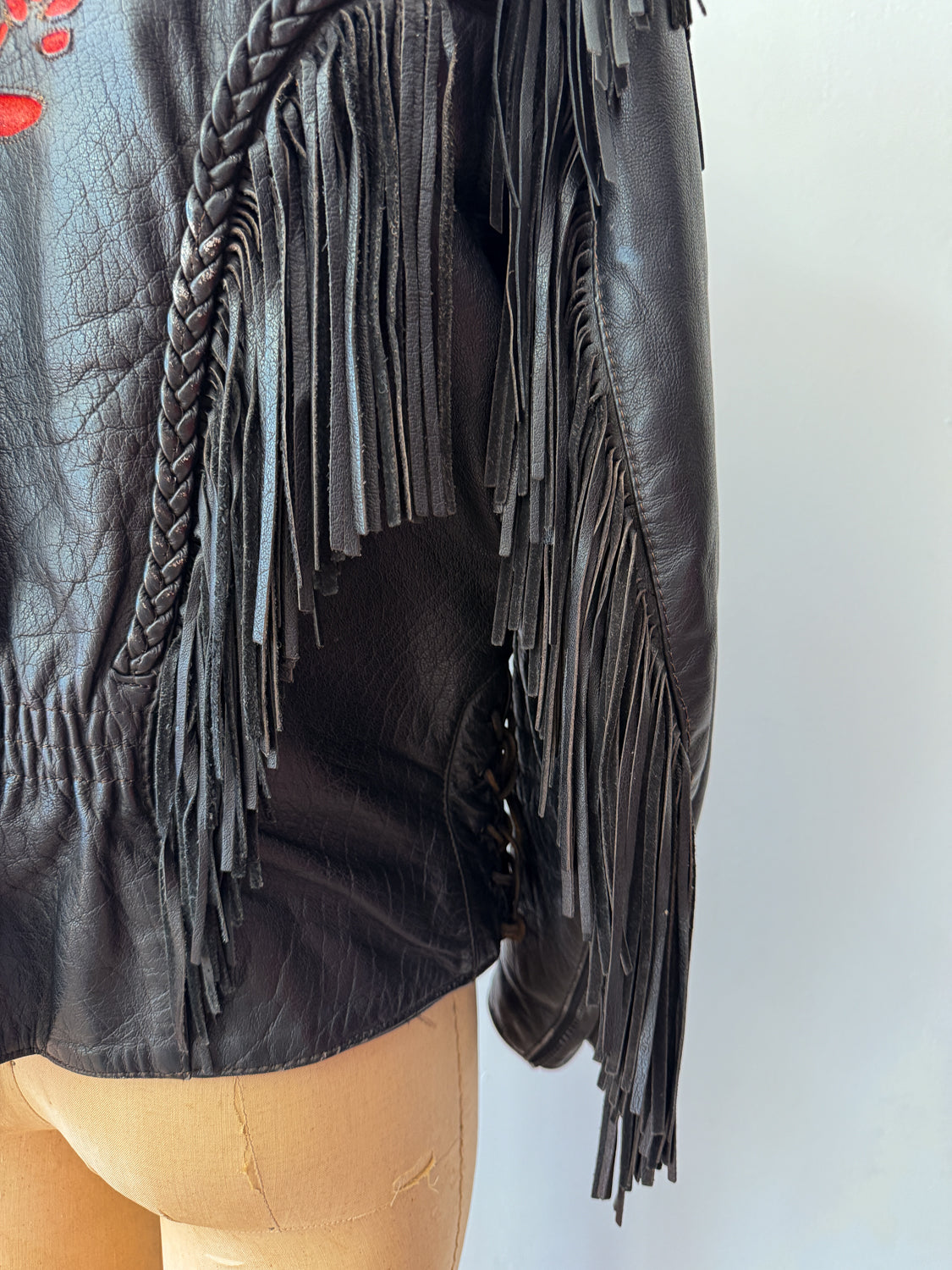 1980s Red Rose Black Fringed Leather Jacket by Dakota Joe