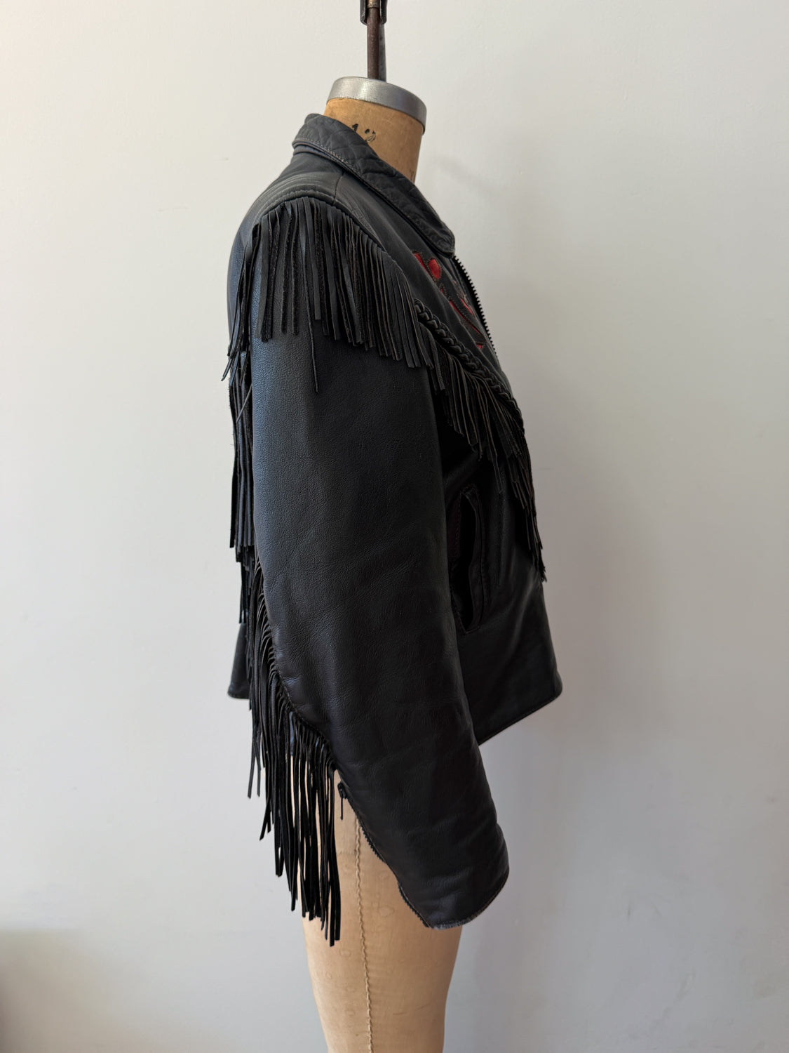 1980s Red Rose Black Fringed Leather Jacket by Dakota Joe