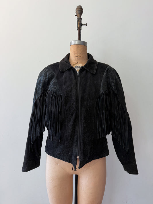1980s Vintage Black Suede Leather Embossed Reptile Zip Up Fringe Jacket