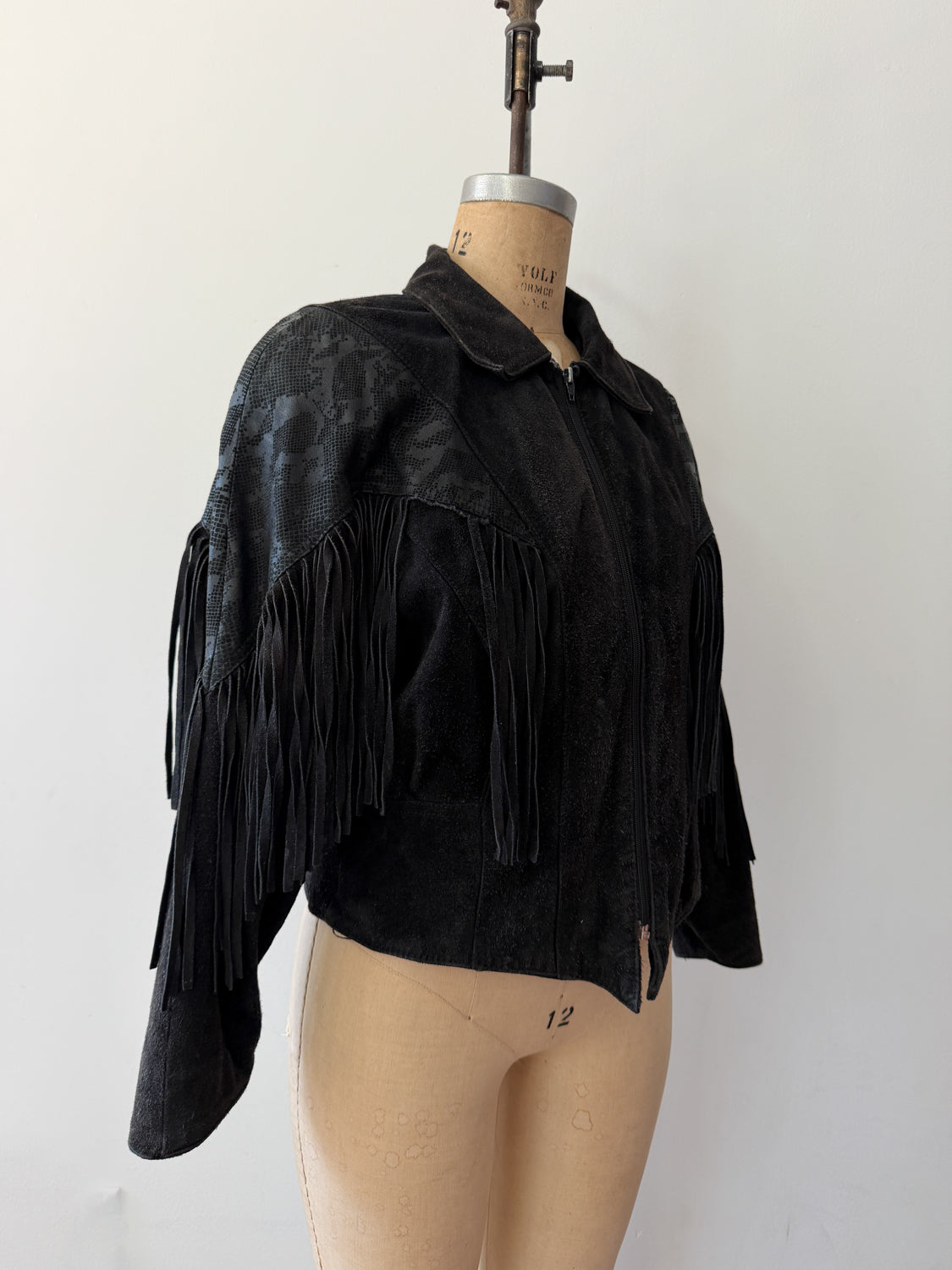 1980s Vintage Black Suede Leather Embossed Reptile Zip Up Fringe Jacket