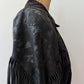 1980s Vintage Black Suede Leather Embossed Reptile Zip Up Fringe Jacket
