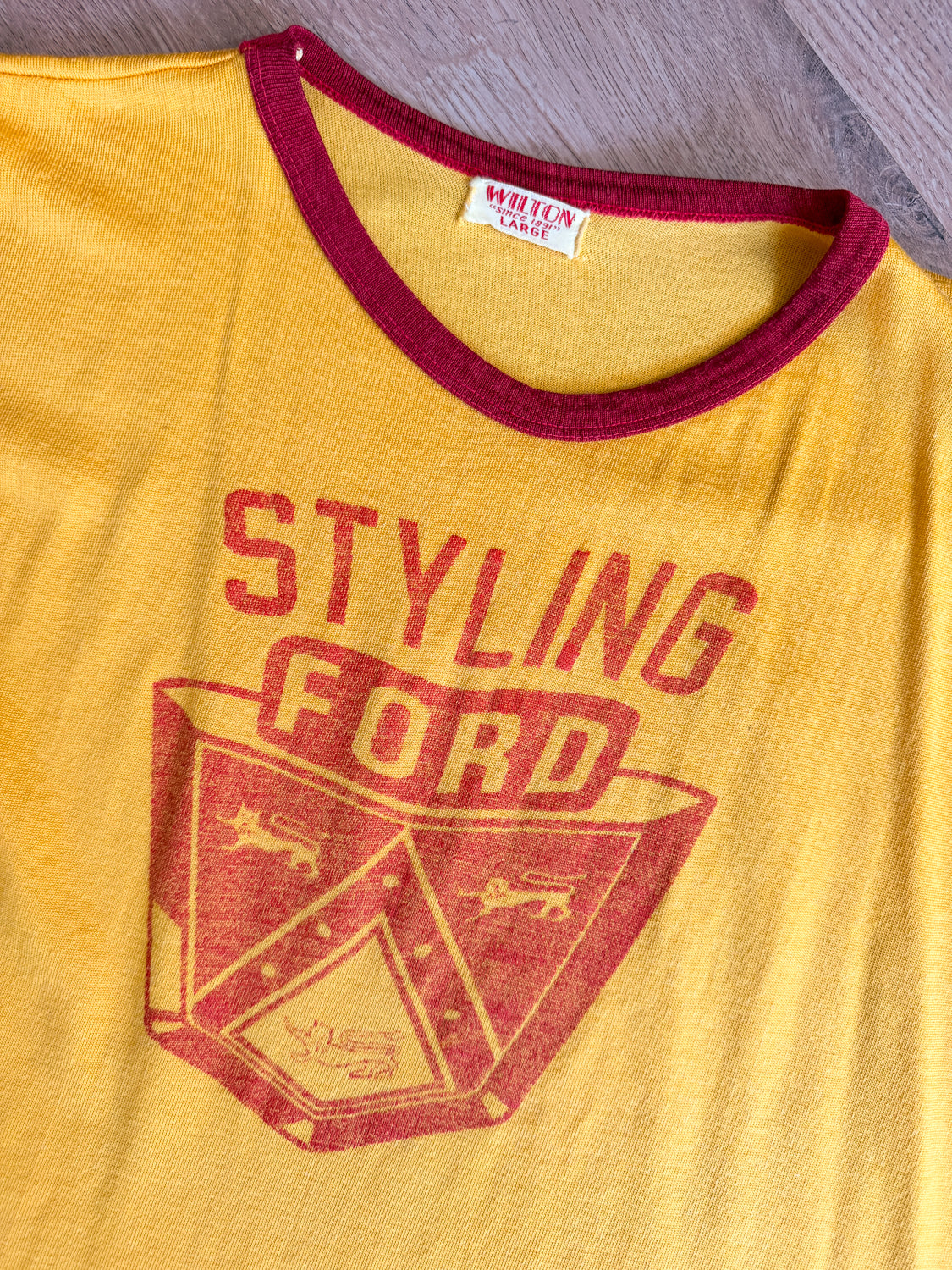 1950s Vintage Styling Ford Motors Dealership Rayon Ringer T-Shirt by Wilton