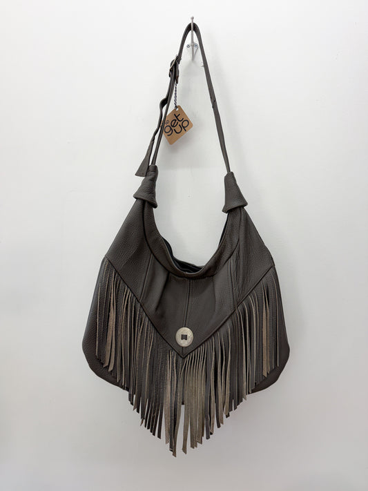 1980s Gray Fringe Leather Shoulder Bag