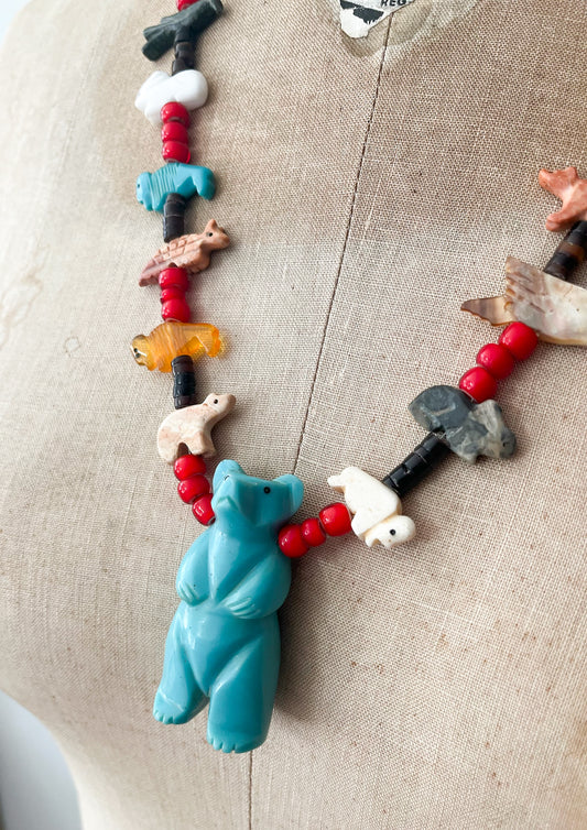 1970s Vintage Bear Totem Fetish Necklace Turquoise Zuni Native American