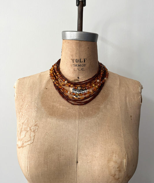 1950s Vintage Orange & Brown Multi-Strand Glass Beaded Necklace