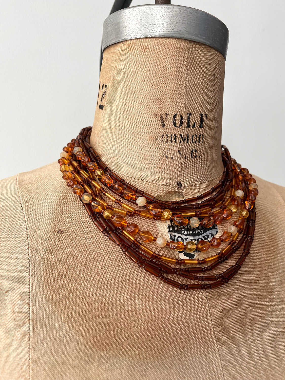 1950s Vintage Orange & Brown Multi-Strand Glass Beaded Necklace