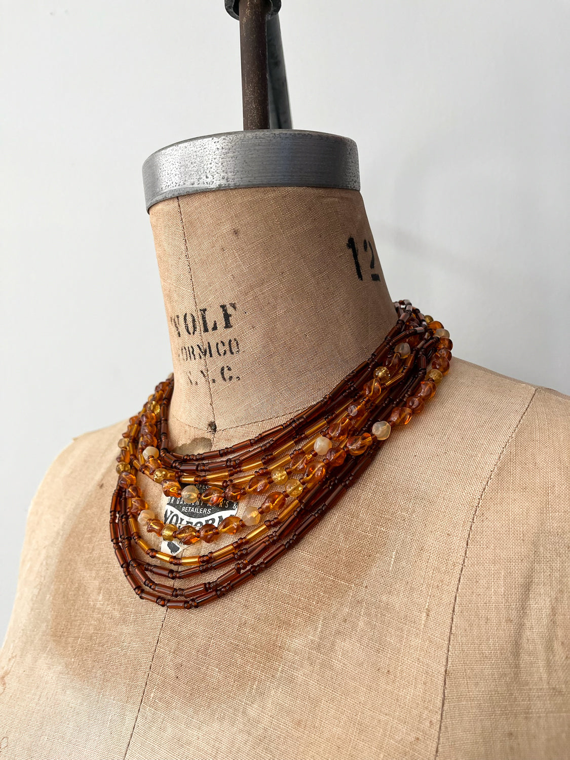 1950s Vintage Orange & Brown Multi-Strand Glass Beaded Necklace