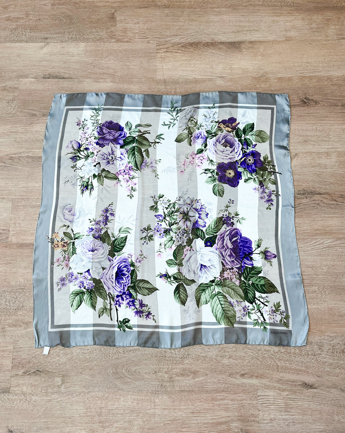 1980s Vintage Valentino Semi-Sheer Silk Purple Roses Floral Scarf