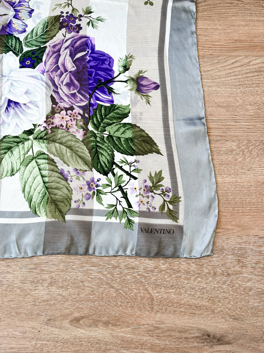 1980s Vintage Valentino Semi-Sheer Silk Purple Roses Floral Scarf