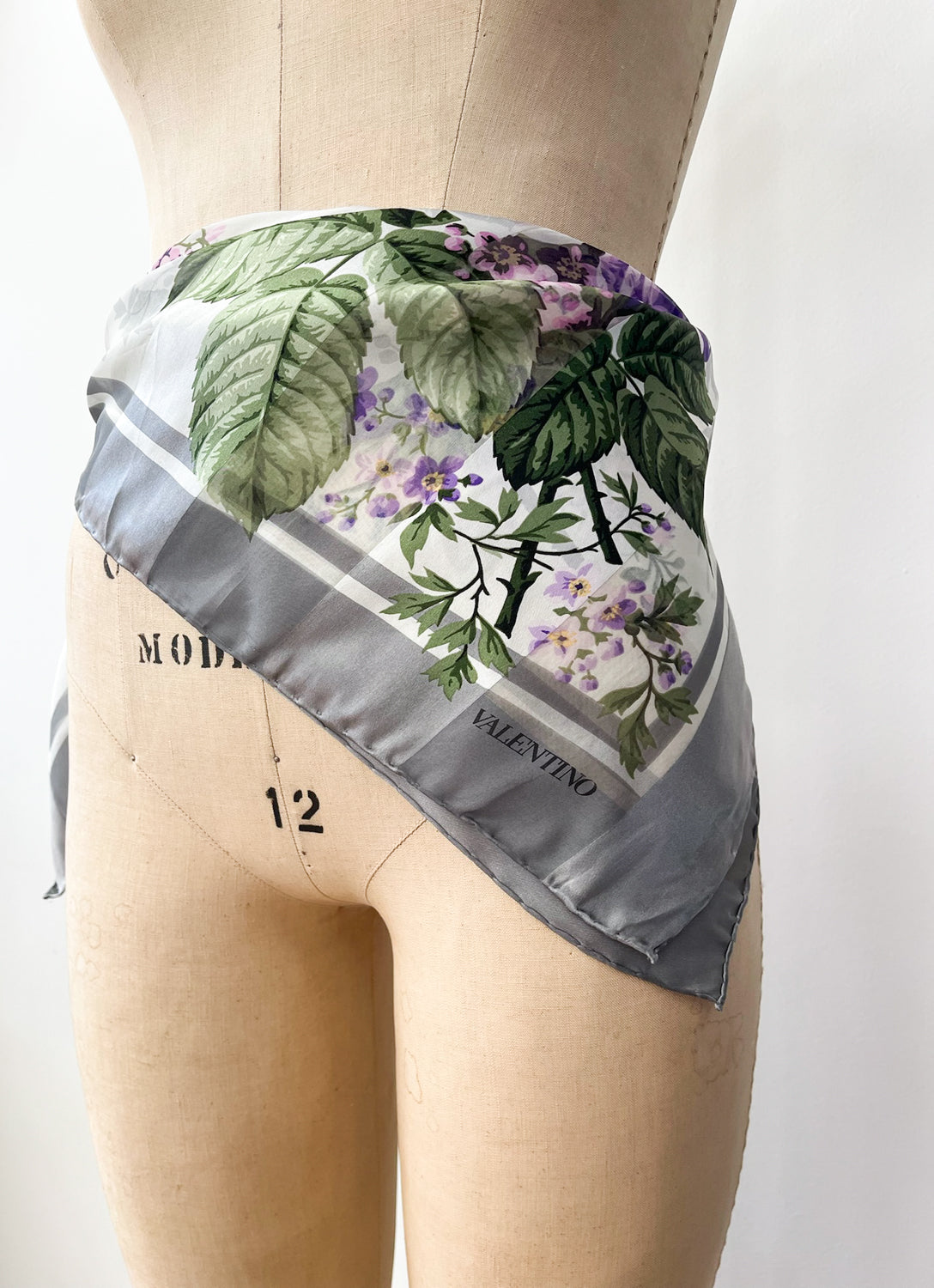 1980s Vintage Valentino Semi-Sheer Silk Purple Roses Floral Scarf