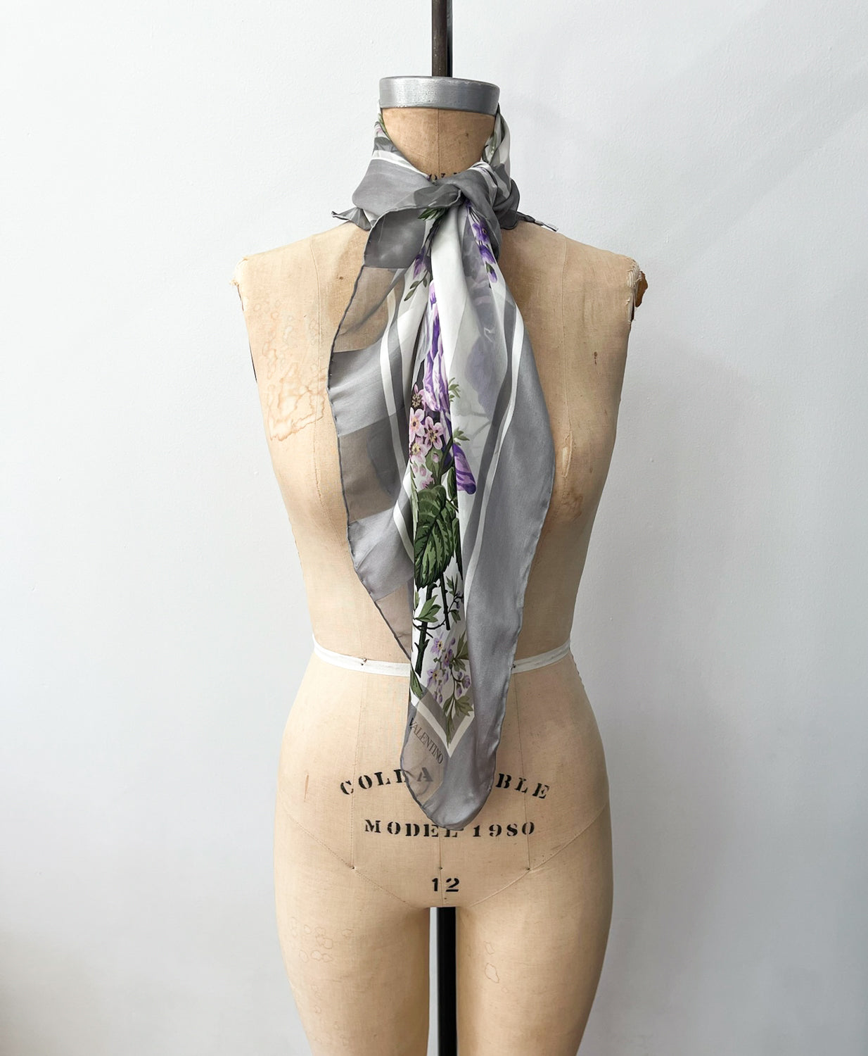 1980s Vintage Valentino Semi-Sheer Silk Purple Roses Floral Scarf