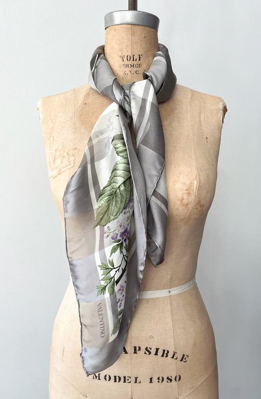 1980s Vintage Valentino Semi-Sheer Silk Purple Roses Floral Scarf