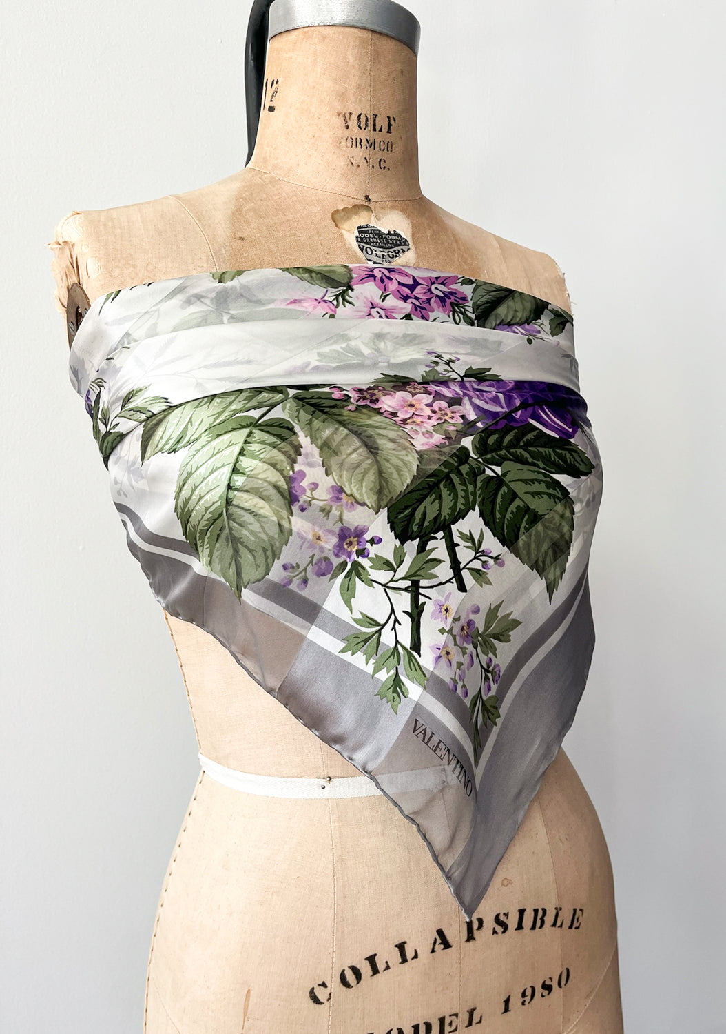 1980s Vintage Valentino Semi-Sheer Silk Purple Roses Floral Scarf