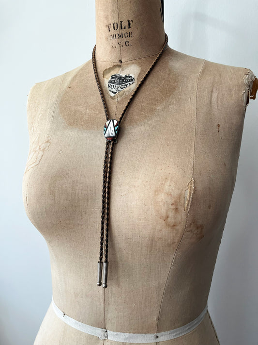 1970s Vintage John Q. Bowannie Inlay Stone Geometric Pyramid Zuni Native American Bolo Tie Necklace