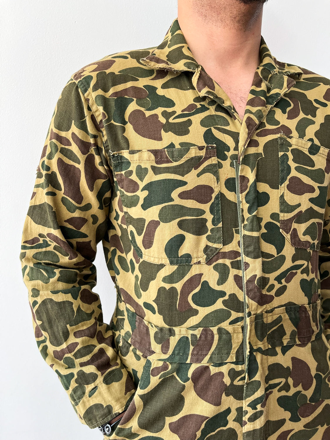 1970s Vintage Thrashed Cotton Duck Hunter Camouflage Jumpsuit Coveralls