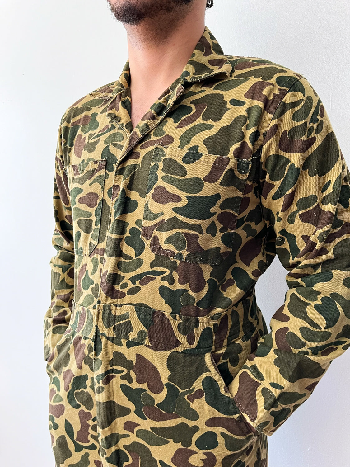1970s Vintage Thrashed Cotton Duck Hunter Camouflage Jumpsuit Coveralls