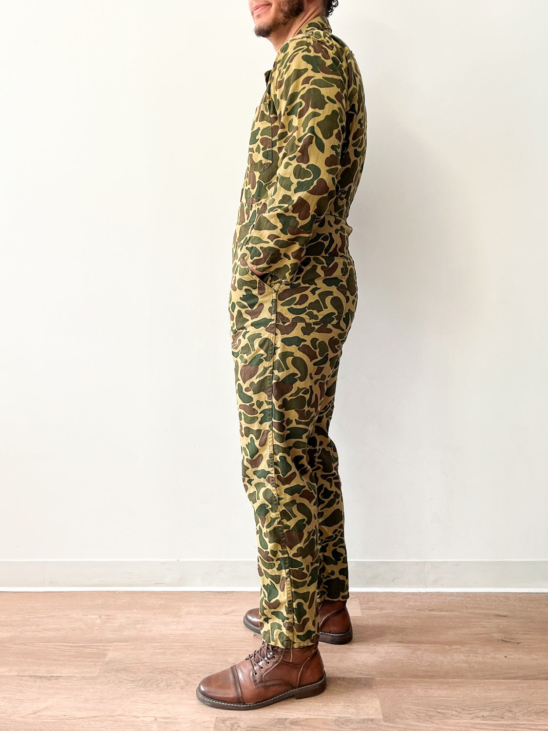 1970s Vintage Thrashed Cotton Duck Hunter Camouflage Jumpsuit Coveralls