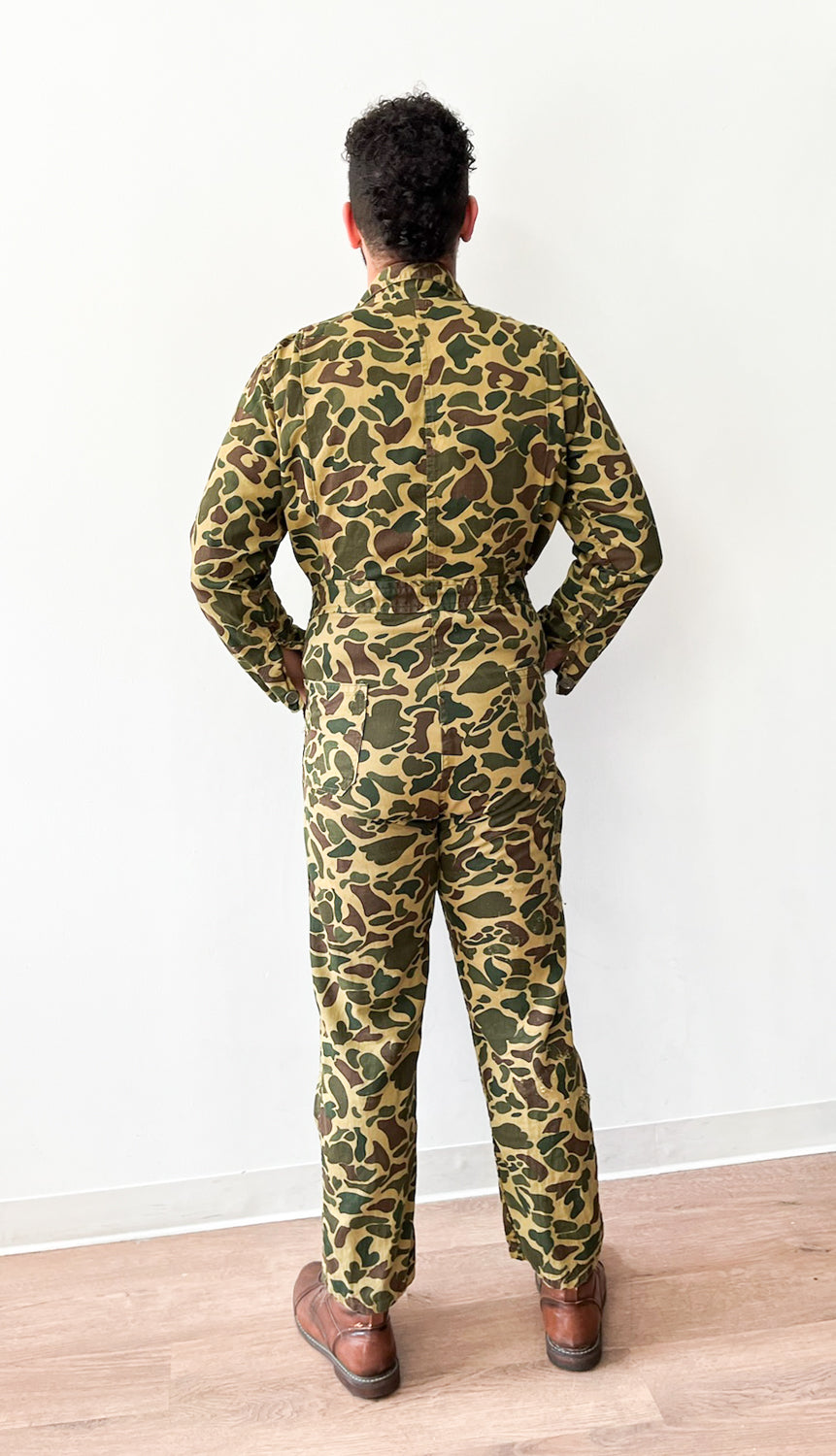 1970s Vintage Thrashed Cotton Duck Hunter Camouflage Jumpsuit Coveralls