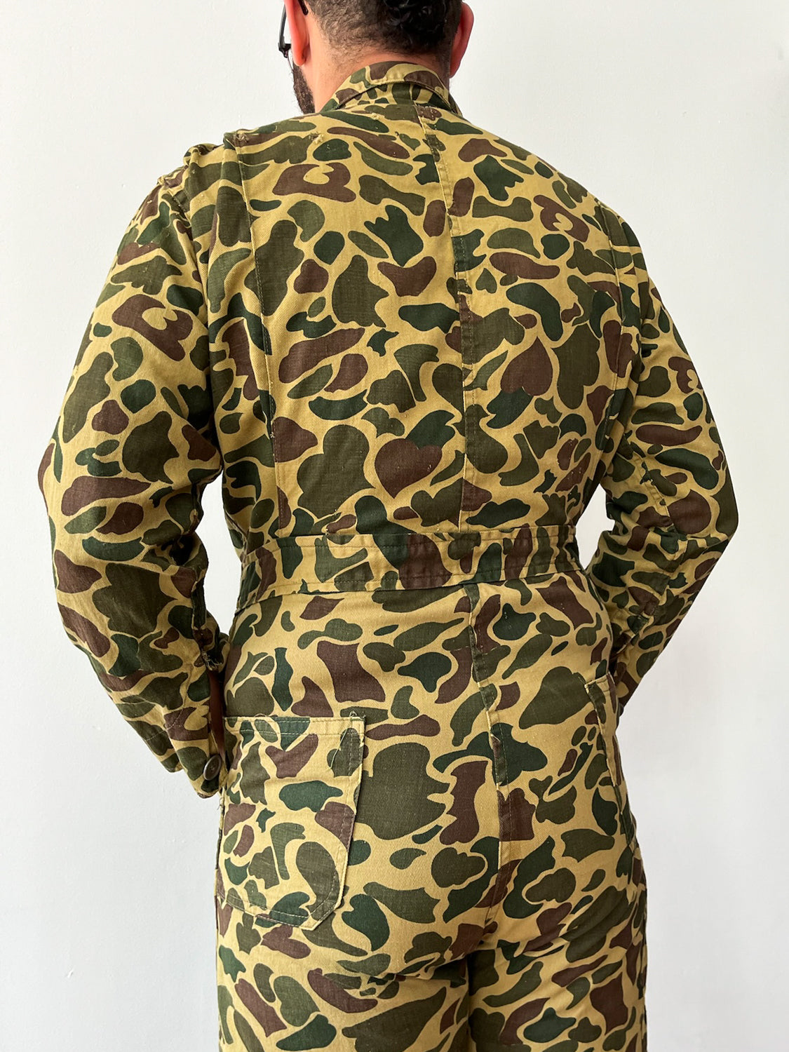 1970s Vintage Thrashed Cotton Duck Hunter Camouflage Jumpsuit Coveralls