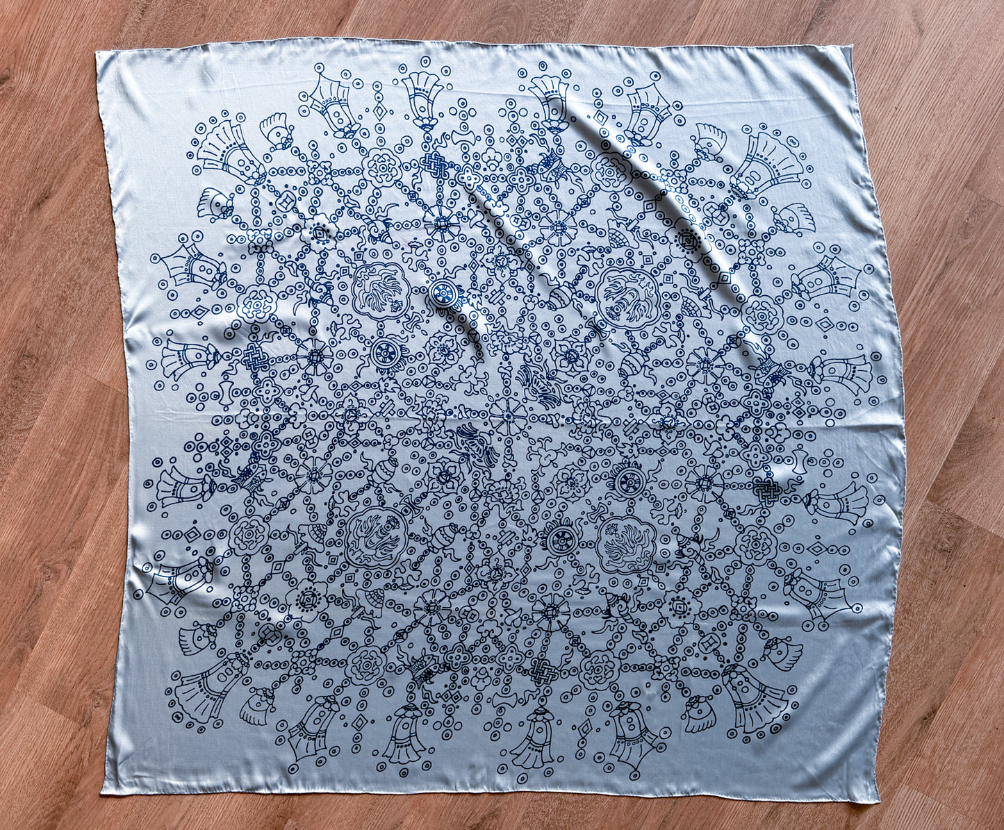 1970s Vintage Blue Under The Sea Silk Print Scarf Huge XL 46" x 46"