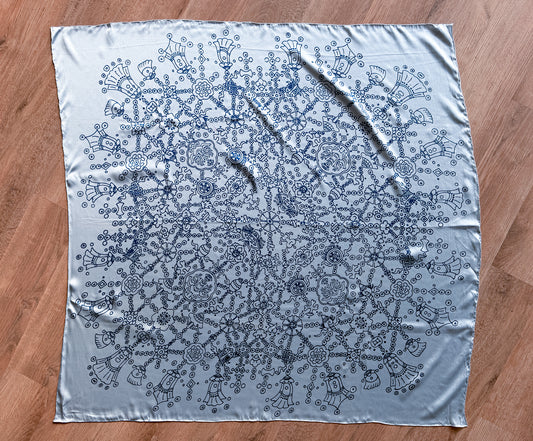 1970s Vintage Blue Under The Sea Silk Print Scarf Huge XL 46" x 46"