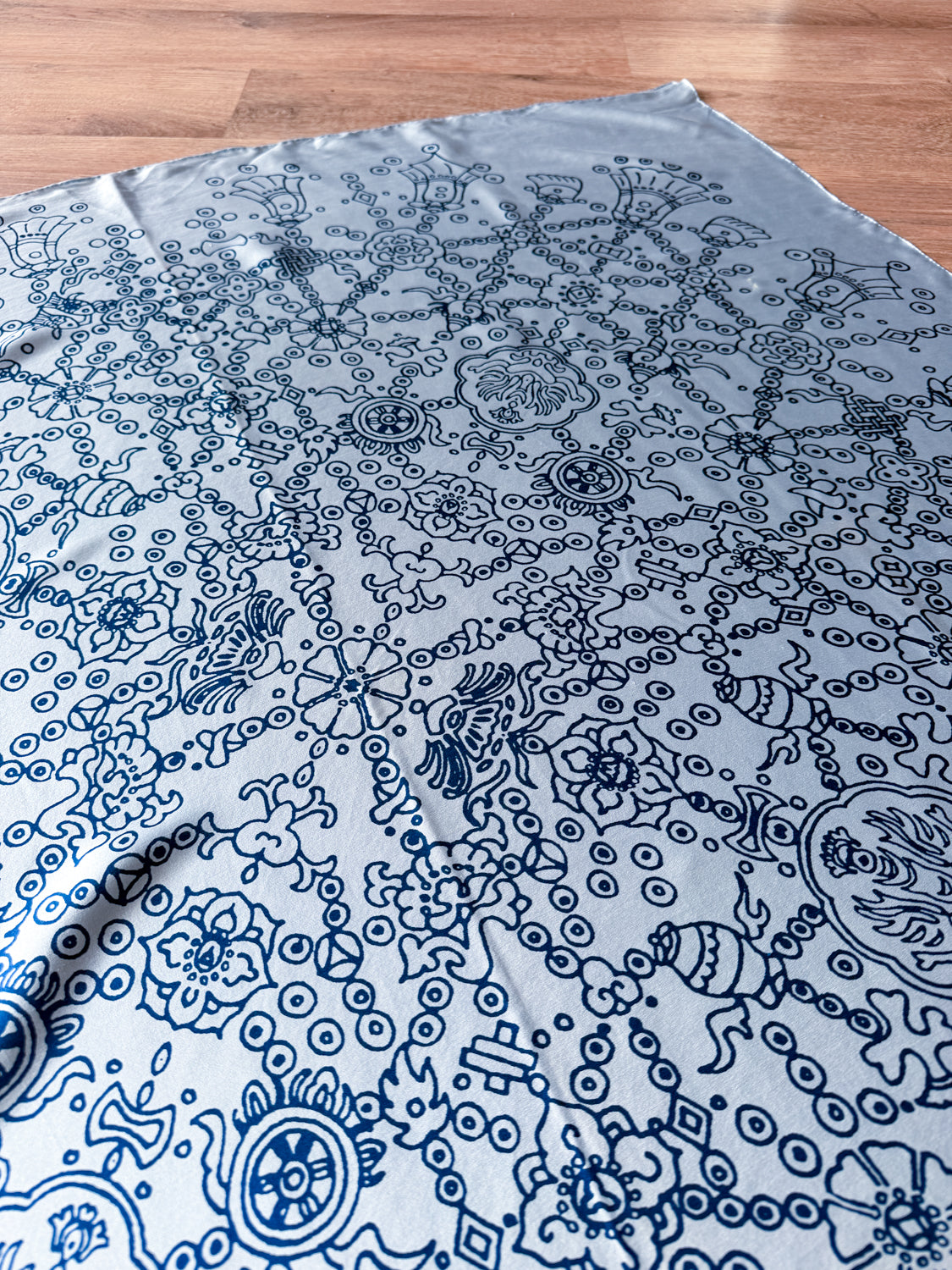 1970s Vintage Blue Under The Sea Silk Print Scarf Huge XL 46" x 46"