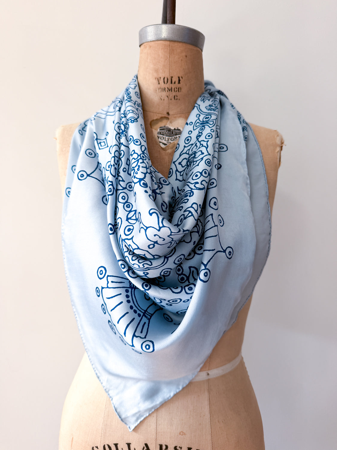 1970s Vintage Blue Under The Sea Silk Print Scarf Huge XL 46" x 46"