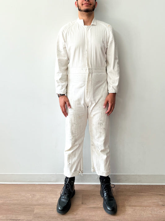 1950s Worked In White Herringbone Twill Cotton Painter's Coveralls HBT Workwear