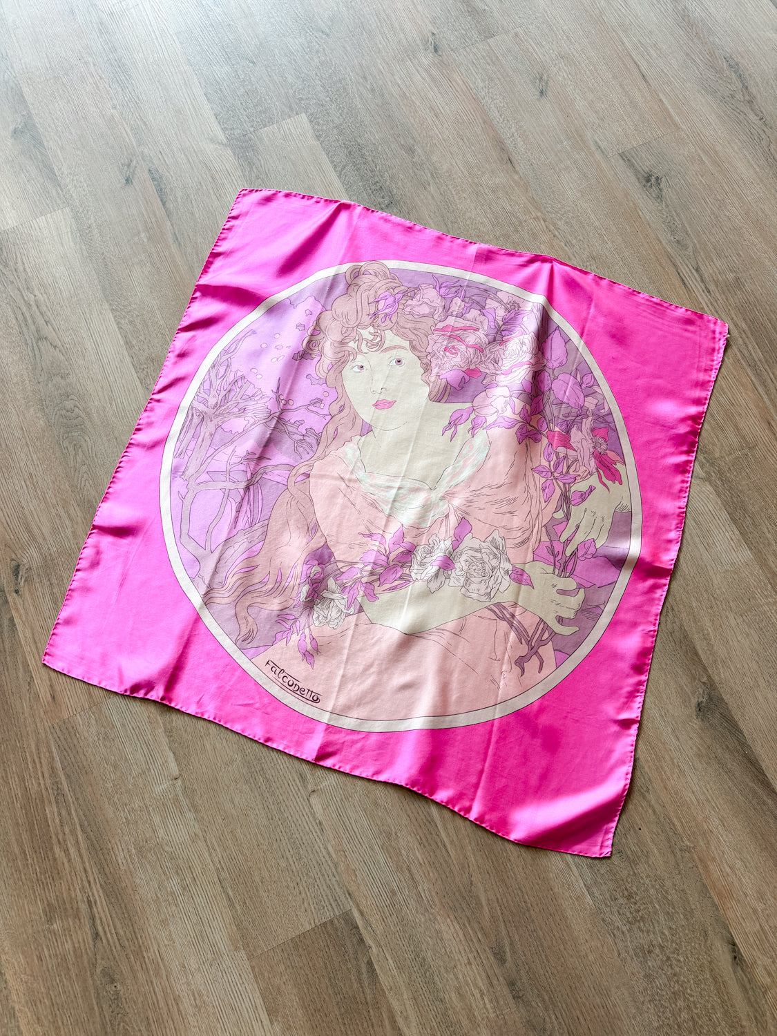 1960s - 1970s Vintage Alphonse Mucha Style Art Noveau Woman Large Silk Scarf by Falconetto
