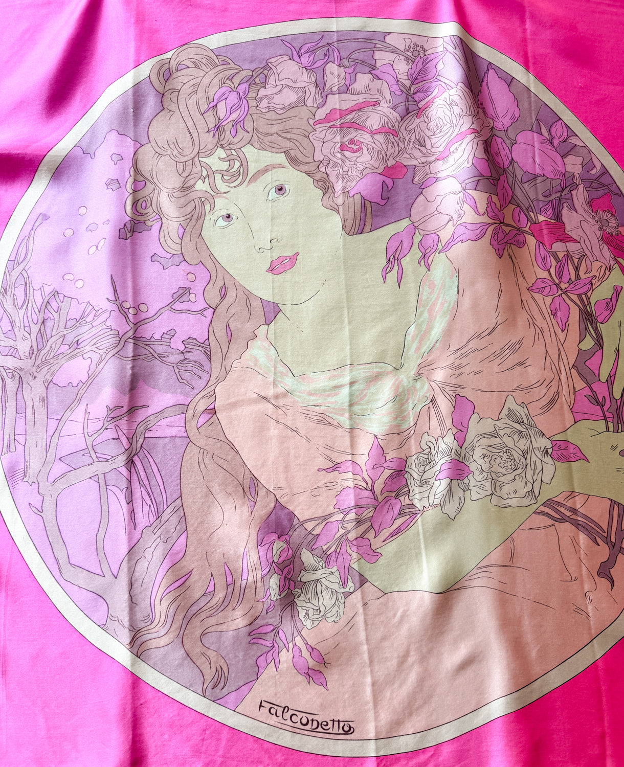 1960s - 1970s Vintage Alphonse Mucha Style Art Noveau Woman Large Silk Scarf by Falconetto