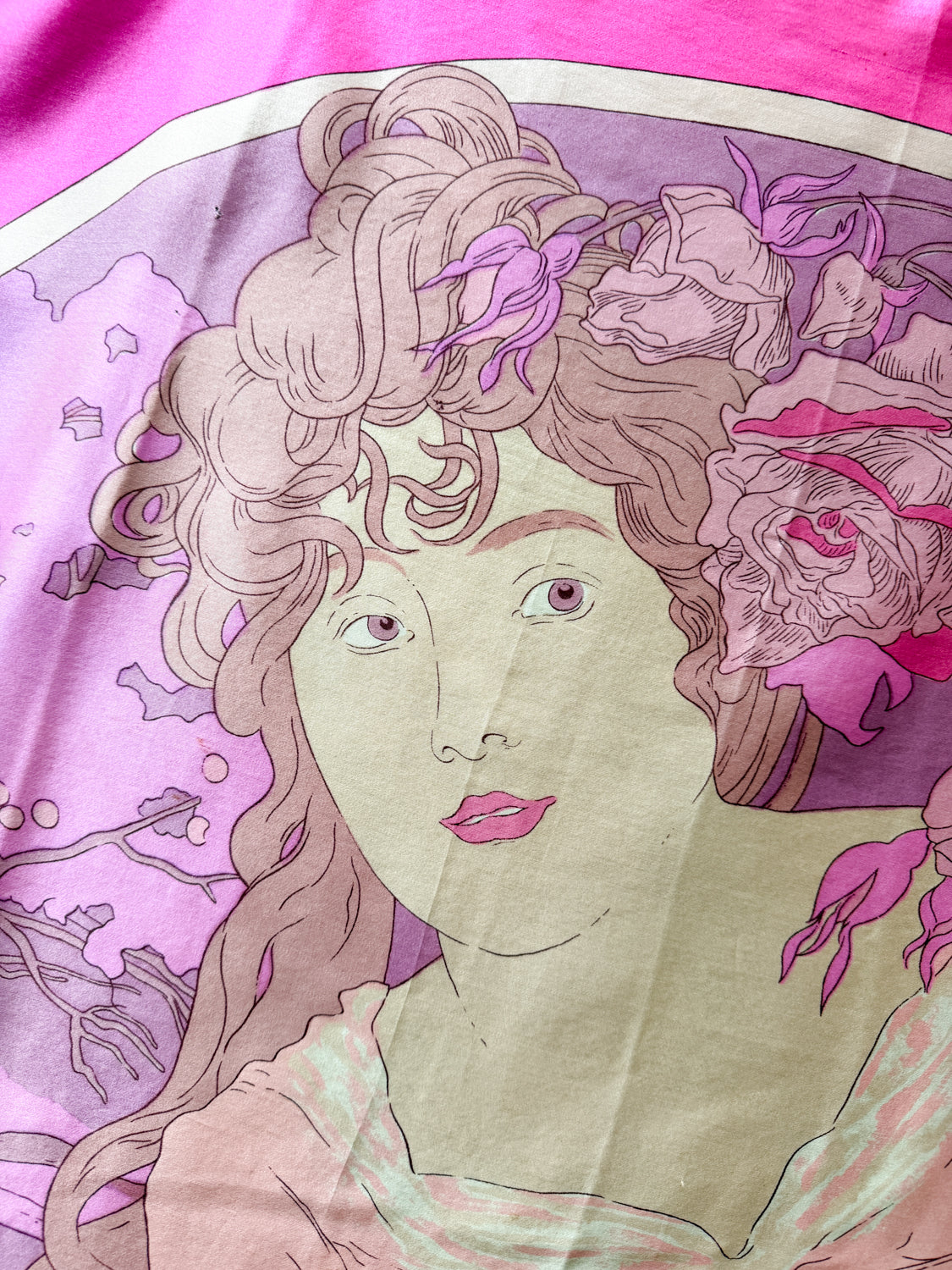 1960s - 1970s Vintage Alphonse Mucha Style Art Noveau Woman Large Silk Scarf by Falconetto