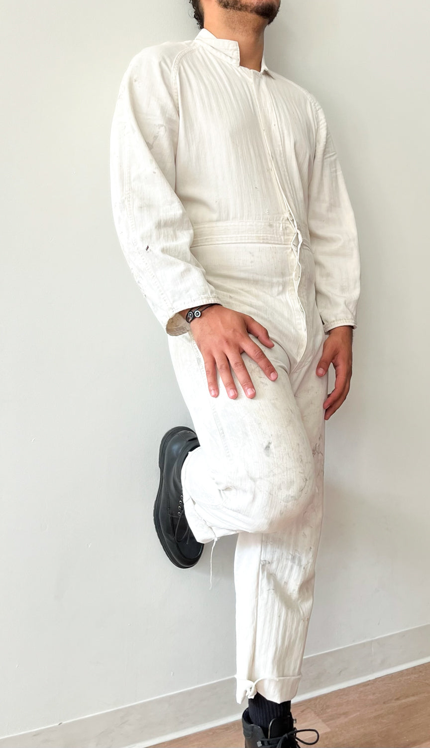 1950s Worked In, Thrashed, White Muted Striped Reverse Herringbone Painter's Cotton Coveralls