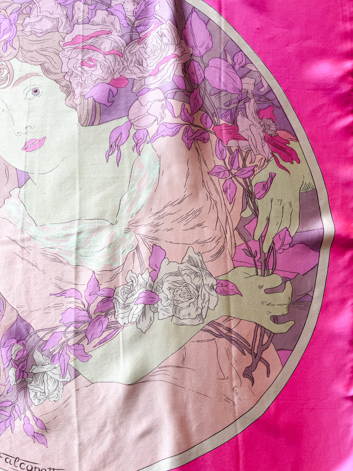 1960s - 1970s Vintage Alphonse Mucha Style Art Noveau Woman Large Silk Scarf by Falconetto