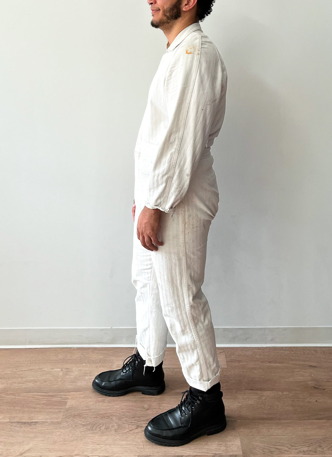 1950s Worked In, Thrashed, White Muted Striped Reverse Herringbone Painter's Cotton Coveralls