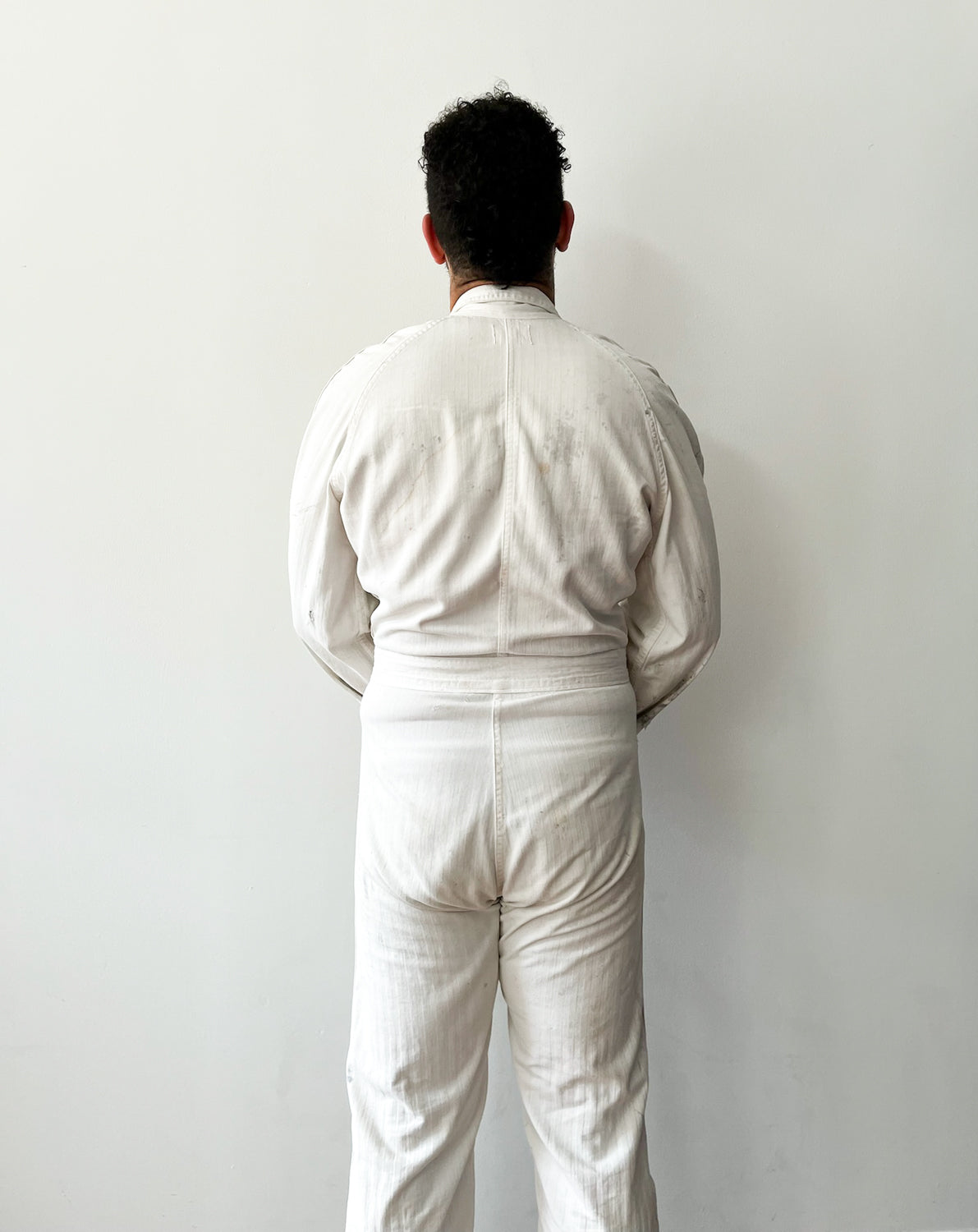 1950s Worked In, Thrashed, White Muted Striped Reverse Herringbone Painter's Cotton Coveralls