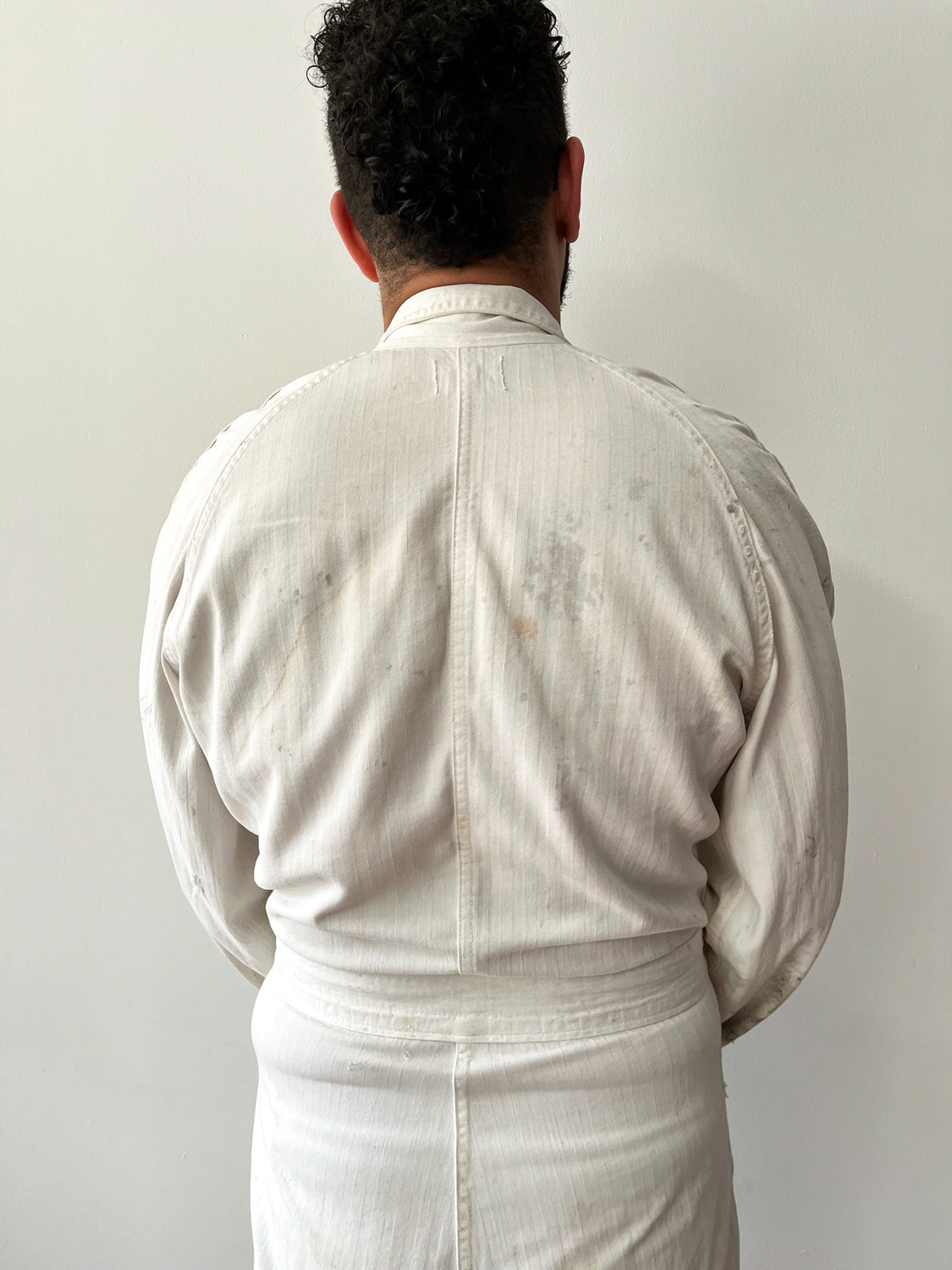 1950s Worked In, Thrashed, White Muted Striped Reverse Herringbone Painter's Cotton Coveralls